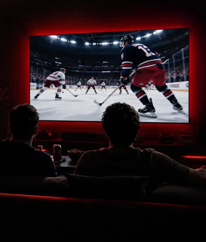 Friends watching an NHL hockey game in 4K on a large TV in a dark home theater with red ambient lighting